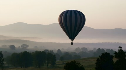 Fototapeta premium A hot air balloon ascends over the countryside during the early morning light evoking a feeling of tranquility and joy