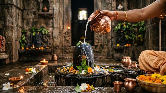Shravan Somvar ritual, a polished copper kalash pot pouring fresh water and milk over a Shivalinga, background of a blurred rustic stone wall inside a Hindu temple