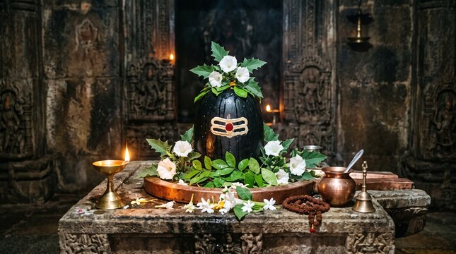Shravan Somvar, a sacred black stone Shivalinga adorned with fresh bael leaves, datura flowers, and a white sandalwood tilak