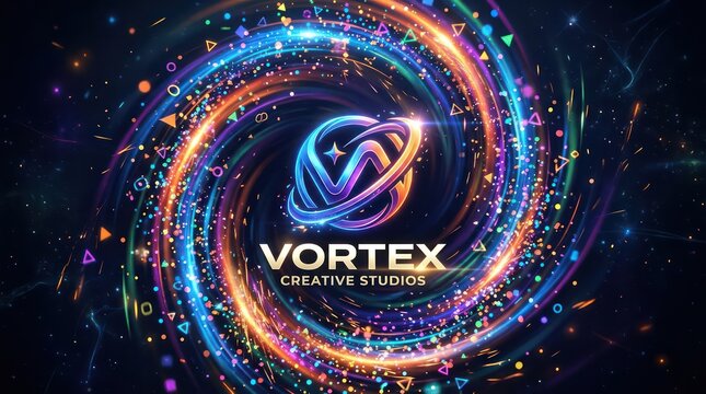 Vortex creative studios logo design with orbiting rings and colorful light trail elements.