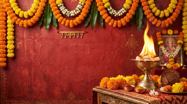 Anant Chaturdashi background, a festive setup with burning camphor emitting a bright flame on a brass stand