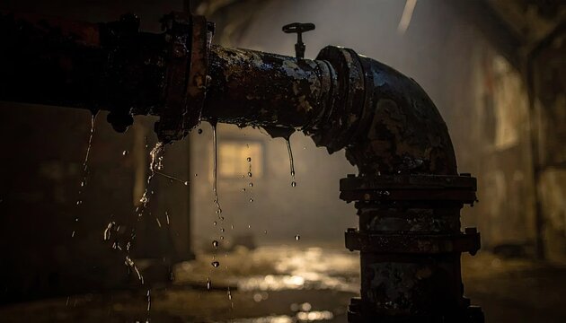 Old rusty pipe leaking water in dark industrial basement.