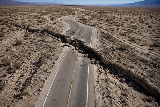 Aerial view of a cracked desert highway with severe lateral dislocation.