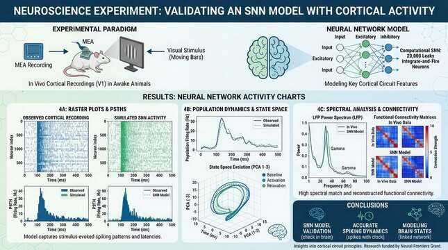 Neuroscience experiment infographic demonstrating a spiked neural network model validation.
