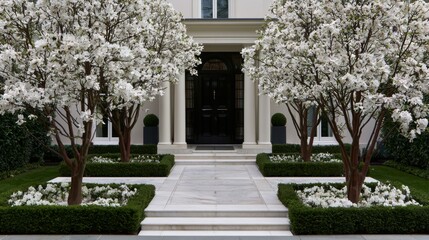 Obraz premium Elegant Front Garden with White Flowering Magnolia Trees Framing a Classic Entrance