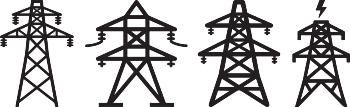 Electricity pylons with different designs and lightning bolt isolated on white background