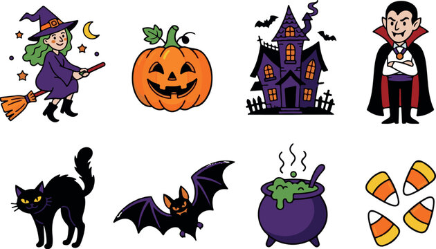 Charming halloween illustration set witch pumpkin haunted house vampire cat bat cauldron and candy corn