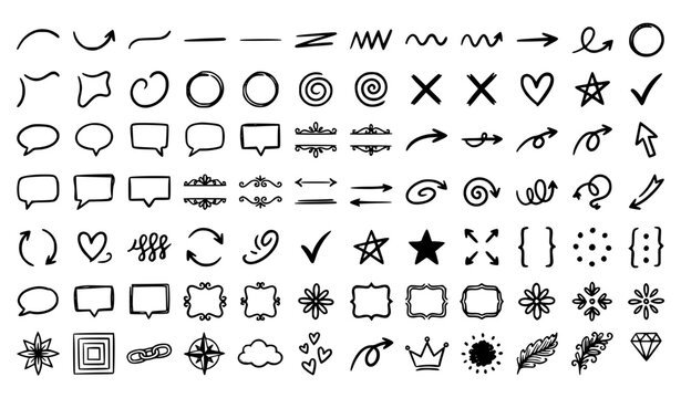 Hand Drawn Arrow and Doodle Element Set Featuring Speech Bubbles, Check Marks, Highlight Circles, Hearts, Stars, and Decorative Text Frame Borders