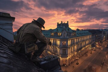 Fototapeta premium Solitary figure perched atop a city roof gazing over an ornate architectural landscape under a dramatic sunset sky with vibrant orange and purple clouds