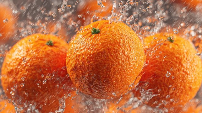 Oranges splashing in water with orange background.