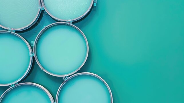 An overhead perspective reveals a geometric arrangement of circular aquaculture tanks holding serene blue green liquid suggesting an organized industrial or farming ope n