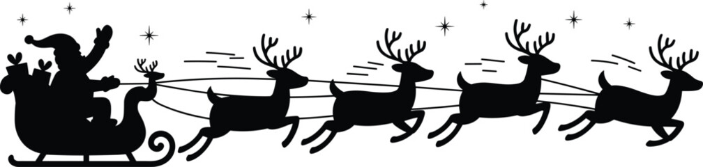 Silhouette of Santa Claus riding a sleigh pulled by reindeer through a starry night sky for Christmas holiday season celebration © Mst