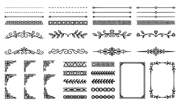 Divider line and page border vector set with elegant chapter separator design elements