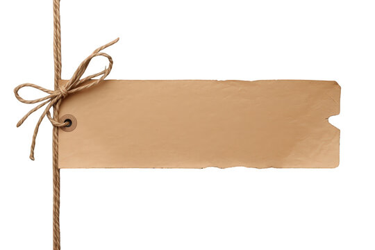 Kraft paper tag with rustic string and bow, providing copy space on a transparent background