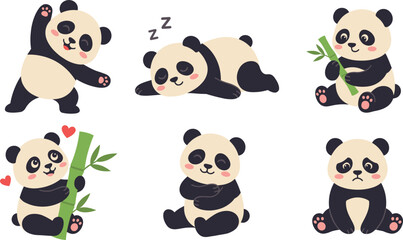 Cute panda bear vector collection with funny characters sleeping eating bamboo and hugging for sweet children designs © Honey Qween!