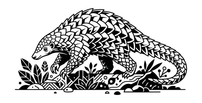 Stylized Pangolin Woodcut Vector Illustration