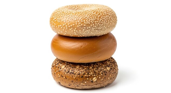 A stack of three fresh baked bagels with sesame seeds and plain crusts