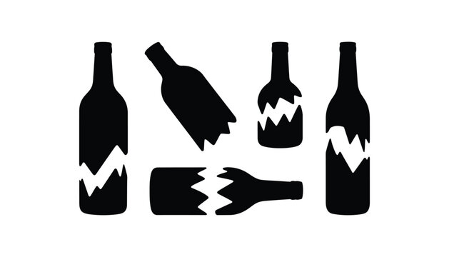Broken glass bottle icons set black silhouette collection