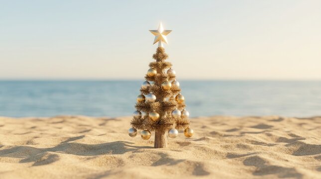Summer Christmas celebration featuring a timber tree on a sunny beach.
