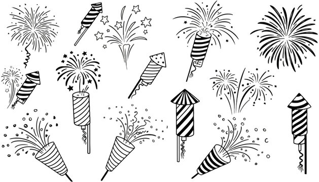 Firework display hand drawn doodle sketch collection with firework