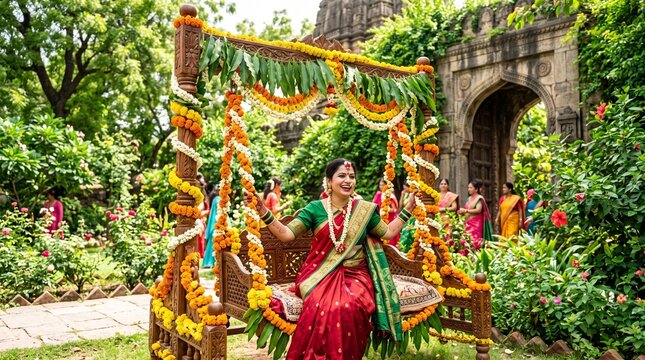 Hartalika Teej festival, a wooden swing jhula heavily decorated with fresh green leaves, marigolds, and jasmine flowers