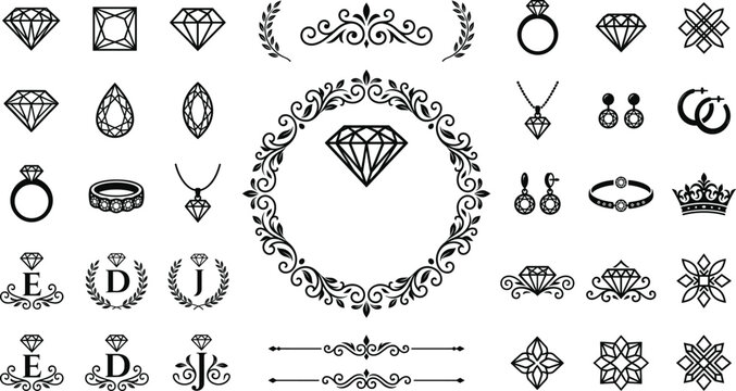 Jewelry icon set with diamond gems luxury rings necklaces crown earrings and floral laurel wreath monogram borders isolated on a white background (Exactly 23 words)