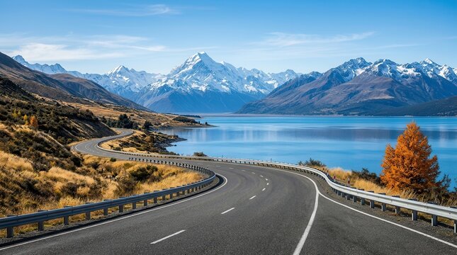 Scenic asphalt road through mountains next to a large blue lake.