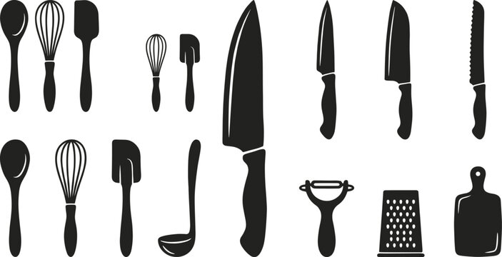 Kitchen utensils vector collection featuring black silhouette icons of chef knives wooden spoons whisks spatula peeler grater and cutting board on white background (Exactly 24 words)