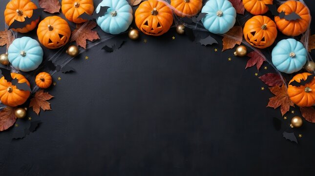 Spooky Halloween celebration background with jack o lantern pumpkins and bats