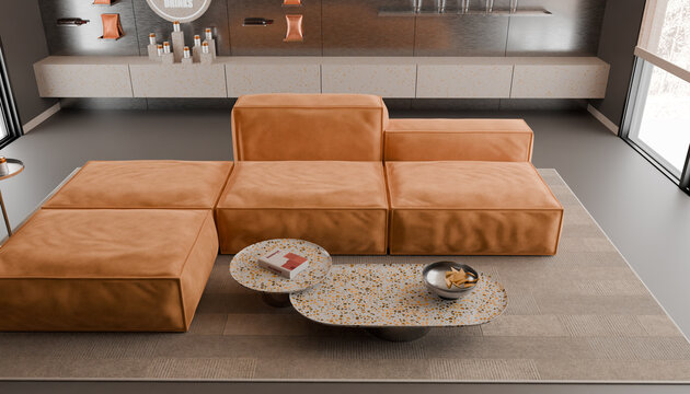 Modern Modular Sofa Arrangement: An avant-garde modular sofa in a warm, earthy orange hue dominates a contemporary living space, complemented by unique terrazzo coffee tables.