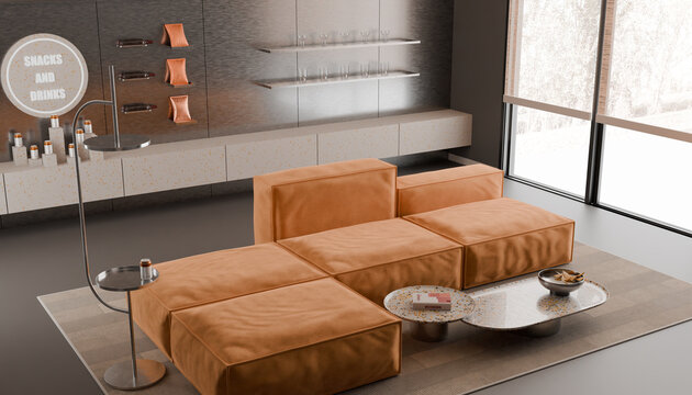 Modern Living Room Comfort: A stylish and comfortable modular sofa in a warm orange hue, arranged in a contemporary living space, creating an inviting atmosphere for relaxation.