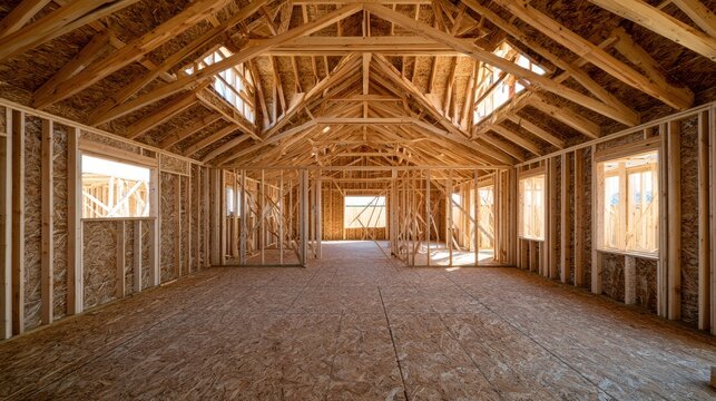 An empty wide interior view of a suburban house under construction showing exposed timber wooden frames, trusses, ceiling beams, and plywood flooring.