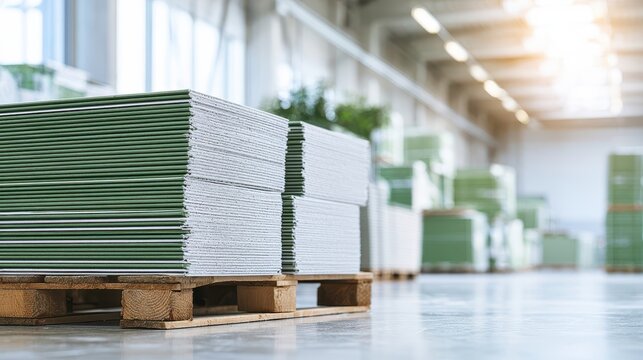 Neat piles of green and grey plasterboard panels and construction sheets stacked on a wooden pallet inside a bright spacious manufacturing facility or hardware store.