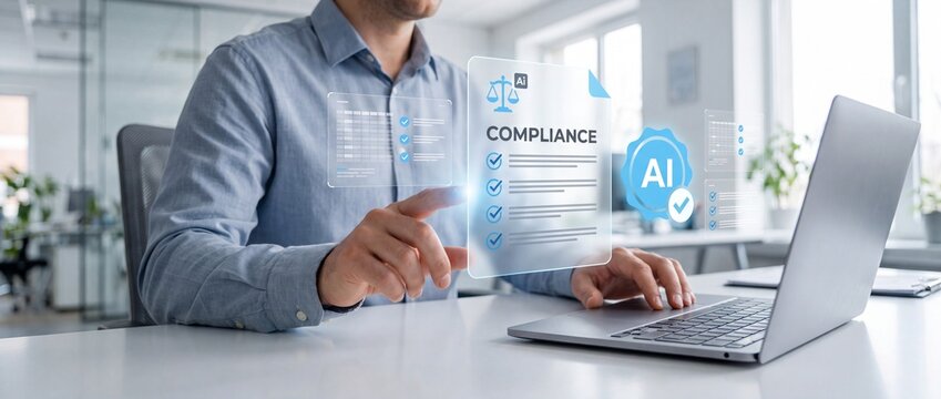 Businessman interacting with ai compliance interface on transparent screen