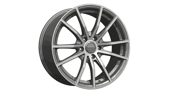 Isolated black glossy car wheel with silver alloy rim and tire on transparent background