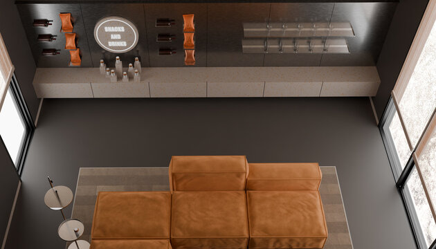 Modern Living Space Overhead View: An overhead perspective of a contemporary living room featuring a plush brown sectional sofa, a minimalist rug, and a sleek entertainment unit.