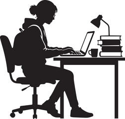 Fototapeta premium Silhouette of female student with glasses and hair bun sitting at desk working on laptop computer with stack of books and lamp.