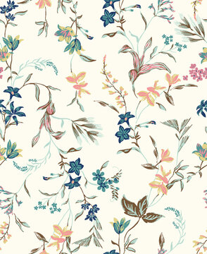seamless ivory background with colourful connecting floral   mix leaves  textured spring summer floral print pattern
