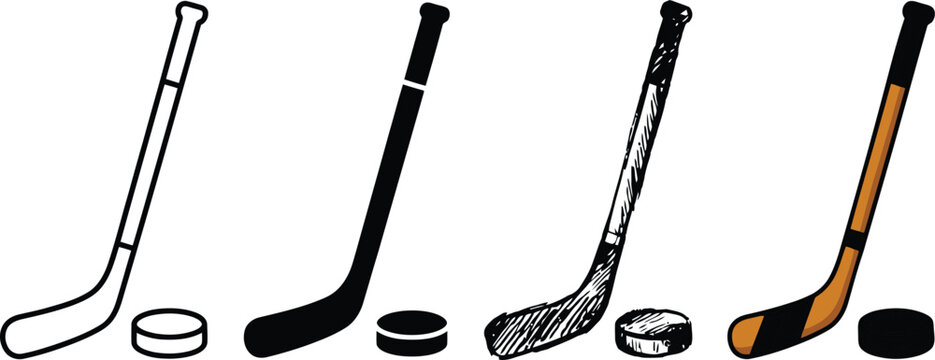 Ice hockey sticks and pucks vector illustrations with varying styles and coloration on white athletic black-and-white competition curve
