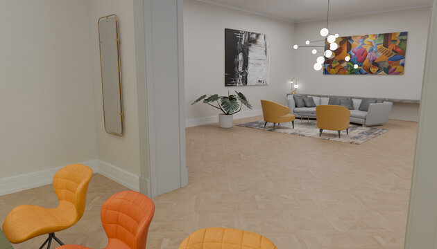 Modern Interior Living Room: A contemporary living room designed with sleek furniture and artistic accents, creating a welcoming and stylish ambiance for relaxation and social gatherings.