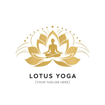 Golden lotus yoga logo design icon featuring meditating person silhouette on transparent background