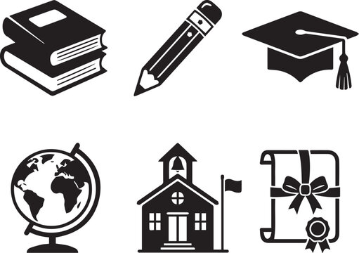 Education vector icon set featuring stack of books classic pencil graduation cap world globe school building and ribbon diploma.