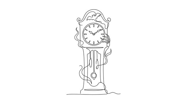 A continuous line drawing of an antique grandfather clock with swirling smoke.