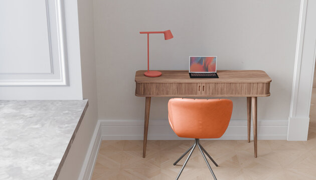 Minimalist Home Office Setup: A stylish wooden desk with a modern orange lamp and laptop sits in a bright, airy room, accompanied by a matching orange swivel chair.