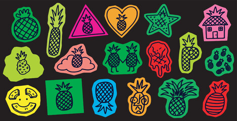 A vibrant collection of cartoon pineapple illustrations and stickers in various shapes and colors on a dark background, showcasing diverse graphic designs. © Riki