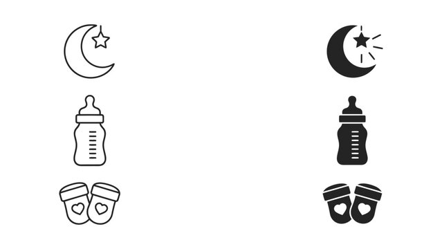 Vector icons of moon phases baby bottle and baby shoes set