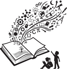 Obraz premium Children reading under magical tree of knowledge emerging from book with educational symbols vector illustration for school kids.