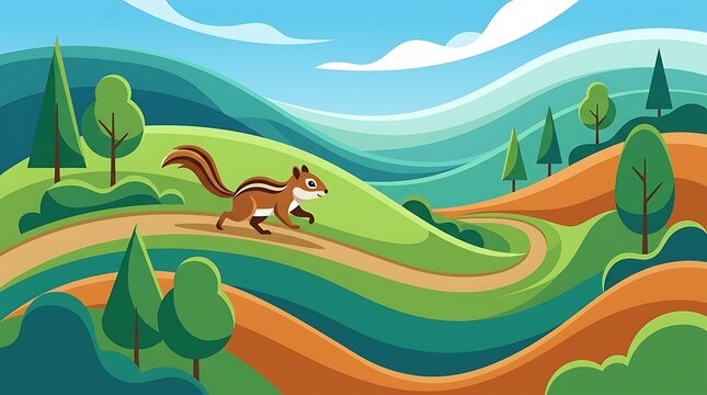 Cartoon landscape with winding road and green hills.