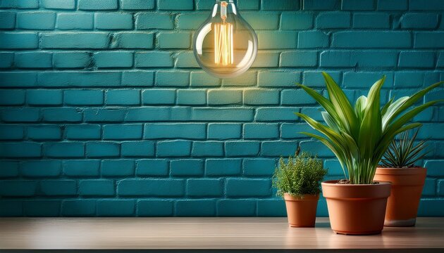 a single edison bulb illuminates potted plants against a rustic teal brick wall