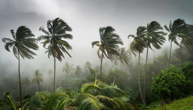 tropical storm winds intensify as palm trees sway amidst lush greenery in misty atmosphere
